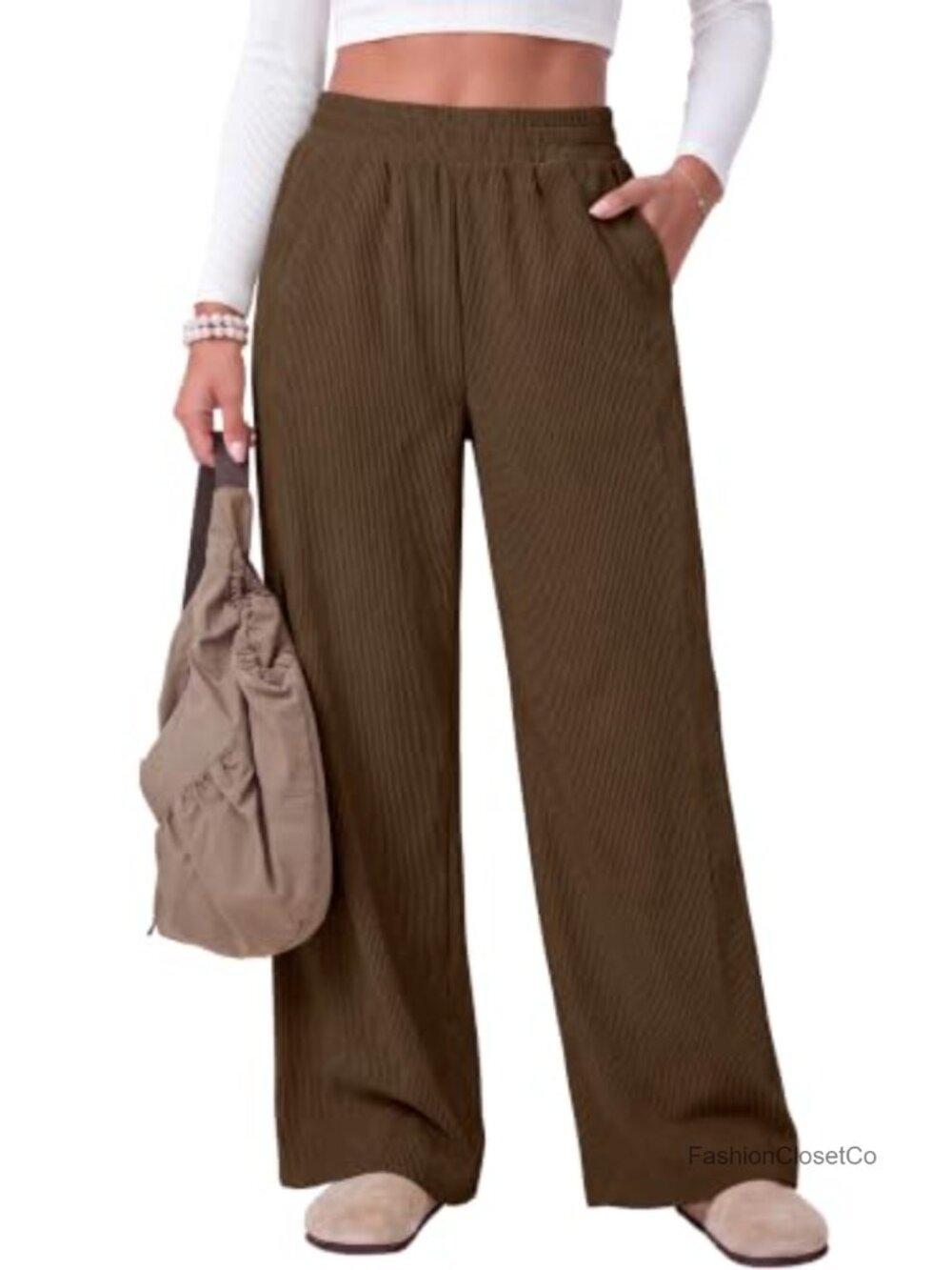 Womens Corduroy High Rise Wide Leg Palazzo Lounge Pants Casual Trousers